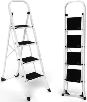 Step Ladder 4 Step Folding Step Stool for Adult,Foldable Portable Sturdy Ladder,Wide Anti-Slip Pedal, 330 lbs Load Capacity,Lightweight Tall Step Ladder for Closet,Kitchen,Office & Home,White