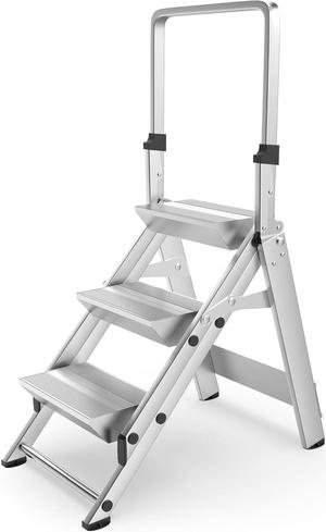 3-Step Ladder, Aluminum Step Stool w/Safety Foldable Handle, Safety Jumbo Stepladder Extra Wide Anti-Slip Pedal, Utility Step Stool Type 1A, Heavy Duty 330 Lbs Rated
