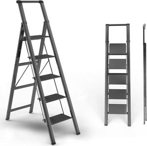 5 Step Ladder, Folding Step Stool, Lightweight Steel Foldable Black Ladder for 10 Foot High Ceiling with Anti-Slip Wide Sturdy Pedal and Handgrip, Multi-Use for Home (300 lbs Capacity)