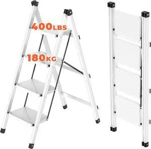 JOISCOPE 4 Step Ladder, Tall Step Ladder, Folding Step Stool for Adults with Wide Anti Slip Pedal, 400 lbs Capacity Lightweight Strudy Step Ladder for Home Kitchen Office, White