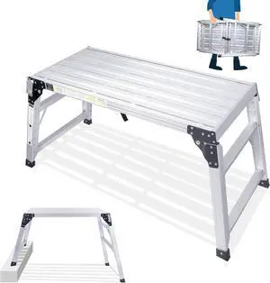ORIENTOOLS Adjustable Work Platform, (39.4" X 18.5") Portable Folding Aluminum Step Ladder, Scaffolding Platform of Capacity 330 LBS Heavy Duty, 7 Gear Adjustable Height 24 to 35 inches
