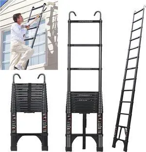 JADDUO 12.5 FT Telescopic Ladder, Aluminium Black Telescoping Ladder with Non-Slip Feet and Stable Hook, Portable Extension Ladder for Household and Outdoor Working, Heavy Duty 330 lbs Max Capacity