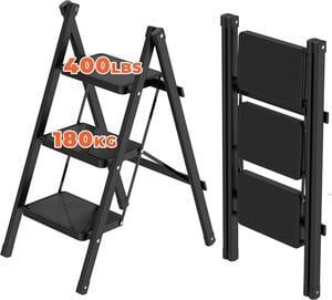 JOISCOPE 3 Step Ladder Folding Step Stool for Adults with Wide Anti Slip Pedal, 400 lbs Capacity Lightweight Small Strudy Step Ladder for Home Kitchen Office, Black