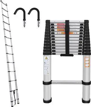16.4ft Telescoping Ladder Aluminum Folding Ladder with 2 Detachable Hooks, Lightweight Portable Extension Ladder for Home, Office, Attic, 330lbs Load Capacity, EN131, Folded Height 3.1ft