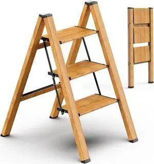 3 Step Ladder Anti-Slip Foldable Step Stool Aluminum Lightweight with Wide Pedal for Home and Kitchen Space Saving - Woodgrain (330 lbs)