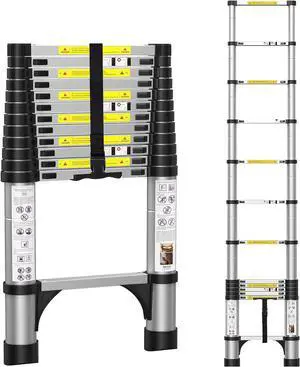BOWEITI 12.5FT Telescoping Ladder, Portable Aluminum Extension Ladder w/Stabilizers, Lightweight Compact Telescopic Ladder 330lbs Capacity, Extension Ladder for Home, Outdoor (12.5FT,Silvery)