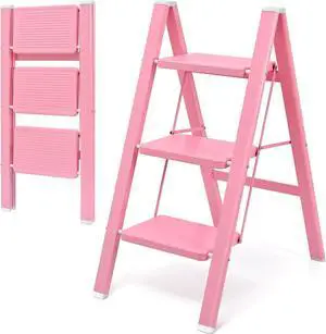 GameGem Pink Step Ladder 3 Step Folding, Small Step Stool for Women to Reach Higher Places, Widen 7.9Inch Pedal for Comfortable Use, Anti-Slip Foot for Safe Use, Sturdy and Fold Thin, 330Lbs Load