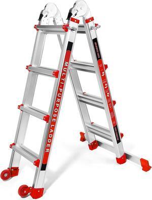 Ladder 14FT, A Frame 4 Step Telescoping Ladder with Stabilizer Bar & Wheels, Heavy Duty 330lbs Max Capacity,Collapsible Multi Position Ladder for Home, Rv, Outdoor-Red
