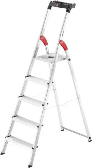 Hailo L60 StandardLine Aluminum Safety Step Ladder - Folding Ladder with 5 Steps, 330 lb Capacity - Stable Guide Pillar, Shelf Included - Made in Germany, Stainless - Silver