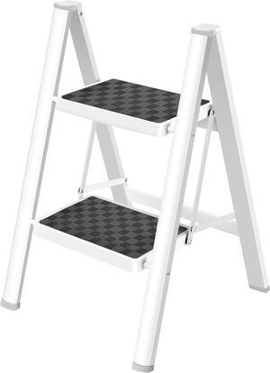 HBTower Step Ladder, Step Ladder Folding Step Stool, Portable Sturdy Steel Ladder Stool for Adults with Anti-Slip Wide Pedals Home Outdoor Kitchen, White