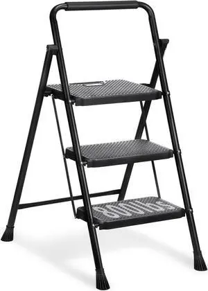 3 Step Ladder, Miscoos Folding Step Stool for adults with Wide Anti-Slip Pedal, Sturdy Steel Ladder, Lightweight, Convenient Handgrip, Portable Kitchen& Household Small Step Ladder, Black