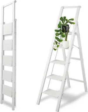 5 Step Ladder, Lightweight Folding Step Stool for Home, 330 Lbs Capacity for Adults, Portable Sturdy Step Ladder with Non Slip Wide Pedals, Space Saving Step Stool for Kitchen Office, White