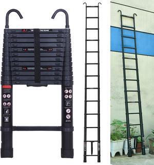 12.5ft Telescoping Telescopic Extension Ladder Aluminum Alloy Extendable Lightweight Ladder Steps Roof Hooks Loft Attic Ladder Easy to Retract for RV Loft Attic Wall EN131 Safety 330lb Max Load Black