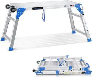 ORIENGEAR Adjustable Work Platform with Wheels, Support 330 lbs Height 24 to 35 inches Portable Aluminum Step Stool Folding Ladder Non Slip for Household Office Cleaning & Washing, Blue