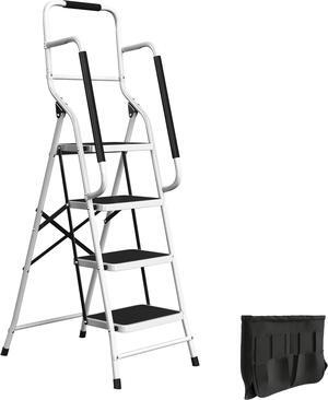4 Step Stool '? Folding Ladder with Handrails Attachable Tool Bag Non-Slip Feet Steel Fram