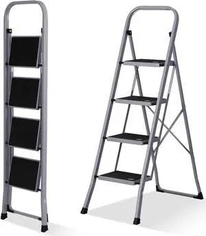 F2C 4 Step Ladder, Folding Step Stool with Wide Anti-Slip Pedals & Handgrip, Portable Lightweight Ladder Anti-Slip Pedal for Home, Kitchen, Office, Sturdy Temporary Storage Shelf Rack