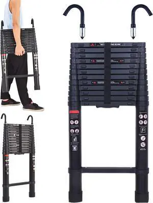 16.5ft Telescoping Telescopic Extension Ladder Aluminum Black Extendable Lightweight Ladder Steps Roof Hooks Loft Attic Ladder Easy to Retract for RV Loft Attic Wall EN131 Safety 330lb Max Load