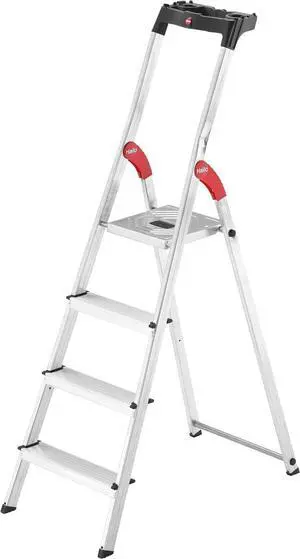 Hailo 8160-407 L60 Safety Ladder, 4 Steps, Multifunction Tray, Hinge Protection, Made in Germany
