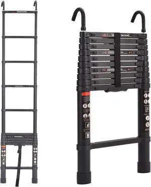 10.5ft Step Ladder Aluminum Telescoping Ladder with Detachable Roof Hooks, Black, 330lbs Load Capacity, Heavy Duty Portable Collapsible Folding Ladder 11 Steps Adjustable Height, Space Saving