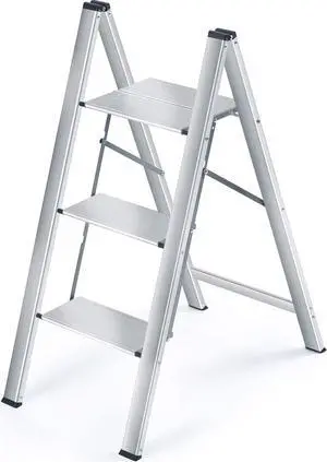KINGRACK Aluminium 3 Step Ladder, Lightweight Folding Step Ladder, Portable Slim Step Stool, 330lbs Safety Stepladder with Multi-Function, Silver