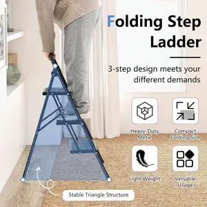 Goplus 3 Step Ladder, Folding Step Stool w/Wide Anti-Slip Pedal, Non-Slip Footpads & Handle, Reinforced Metal Frame, Portable & Lightweight Ladder for Household, Office, 330 lbs Load Capacity