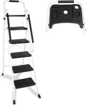BLACKHORSE-RACING 5 Step Ladder with Handrails & Tool Tray Platform, 330 lbs Folding Step Stool Ladder, Portable Steel Ladder for Kitchen Pantry Home Office Library, White