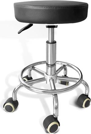 Rolling Stool with Wheels, PU Leather Office Chair with Foot Rest, Adjustable Height 360 Degree Rotation Swivel Stool for Tattoo Massage Salon Spa Teach Medical Facial Office Home Work Kitchen, Black