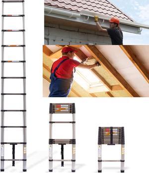 3.2M Telescopic Ladder Stainless Steel Ladders, Extendable Multi-Purpose Folding Step Ladders with Locking Button, 11 Adjustable Steps for RV Outdoor Work, EN131 Standard, 10.5ft