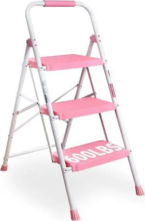 BONTEC 3-Step Ladder, Folding Step Stool with Wide Anti-Slip Pedals, Max Load Capacity 600lbs Sturdy Steel Ladder, Convenient Handgrip, Lightweight Portable Step Stool for Adults, Pink