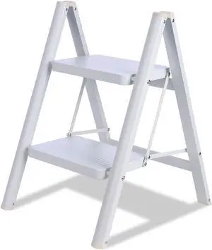 2 Step Ladder, Folding Step Stool for Adults with Wide Anti-Slip Pedal, Lightweight, Perfect for Kitchen& Household, Library Office,330lbs Capacity Sturdy Steel Ladder,White