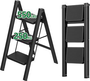 3 Step Ladder, Carbon Steel Ladder with Anti-Slip Pedal, Lightweight Step Stool Foldable, Stepping Stool ladders for Home, Kitchen, and Office, Load 550 lbs, Black