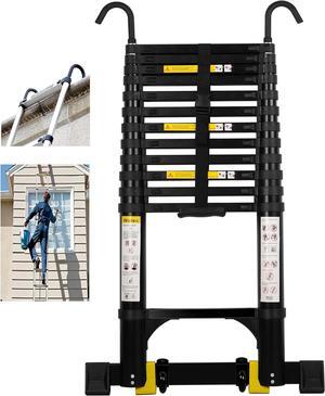 Telescoping Ladder,14.5FT Aluminum Portable Extension Ladder w/Hooks, Stabilizers& Wheels, Heavy Duty 330lbs Max Capacity, Collapsible Telescopic Ladder for Rv, Roof, Attic, Outdoor -Black
