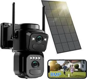 Solar Security Cameras Wireless Outdoor, 4K 8MP Battery Powered 2.4GHz Dual Lens 360°PTZ Cameras for Home Security with Color Night Vision, 2 PIR Motion Detection, Siren, 2-Way Talk, IP66