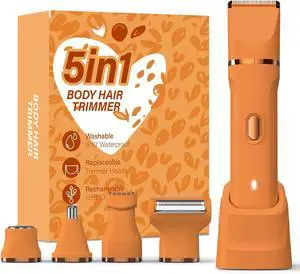 5-in-1 Bikini Trimmer for Women, IPX7 Waterproof Electric Razors Shaver, Cordless Body Hair Trimmer, Facial & Pubic Hair Removal, Ceramic Blade (Pure Orange) 5-in-1 Bikini Trimmer for Women, IPX7 Waterproof Electric Razors Shaver, Cordless Body Hair Trimmer, Facial & Pubic Hair Removal, Ceramic Blade (Pure Orange)