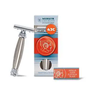 MERKUR 43C Double Edge Safety Razor, Heavy Stainless Steel Handle, Two-Piece Design, Closed Comb Straight Bar, Bright Chrome Finish, Made in Germany MERKUR 43C Double Edge Safety Razor, Heavy Stainless Steel Handle, Two-Piece Design, Closed Comb Straight Bar, Bright Chrome Finish, Made in Germany