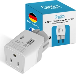 Ceptics Schuko, Germany, France, Spain Travel Adapter Plug with USB-A+USB-C- Usa Input Type E/F - Ultra Compact Perfect for Cell Phones, Laptop, Camera Chargers, iWatch, iPad, iPhone and More (CTU-9) Ceptics Schuko, Germany, France, Spain Travel Adapter Plug with USB-A+USB-C- Usa Input Type E/F - Ultra Compact Perfect for Cell Phones, Laptop, Camera Chargers, iWatch, iPad, iPhone and More (CTU-9)