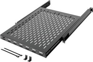 1U Sliding Rack Shelf,4-Post Vented Rack Mount Shelf,21.7in Deep with Adjustable Mounting Depth 21.7-35.4in,Supports to 110lbs,for 19 Inch AV/Network Equipment Rack,Unassembled,Black