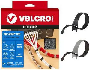 VELCRO Brand 150pk Cable Ties Value Pack | Replace Zip Ties with Reusable Straps, Reduce Waste | For Wire Management and Cord Organizer | 8 x 1/2 Thin Pre-Cut Design, Black and Gray