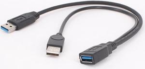1pc Black USB 3.0 Female To Dual USB Male with Extra Power Data Y Extension Cable for 2.5"Mobile Hard Disk