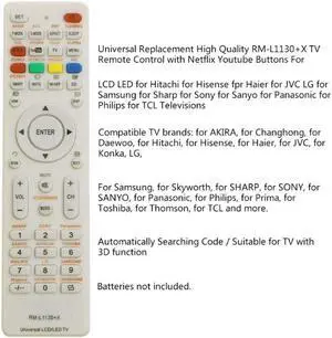 Universal RM-L1130+X Remote Control with Netflix Youtube Buttons,TV Channel Voice Regulator Fit for LCD LED 3D Smart TVs
