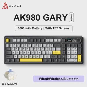 Ajazz AK980 Gaming Mechanical Keyboard with Color Screen 98 Keys RGB Bluetooth Wireless Keyboard Gamer 8000mAh For PC Laptop Gray