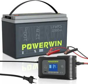 POWERWIN 12V 100Ah Lithium LiFePO4 Battery, Smart Battery Charger 12V/24V, 1280Wh Smart BMS up to 15000 Cycles Battery and Automatic 9-Stage Fast Charging Charger for RVs and Fishing Boats (BT100+P20)