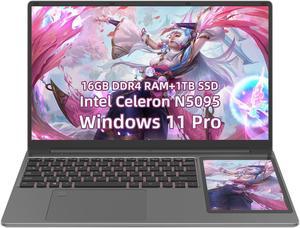 RATEYUSO Windows 11 Pro 15.6''+ 7'' Touch Screen Laptop,Celeron N5095 CPU Notebook,16GB DDR4 RAM +512GB SSD,FHD 1080P IPS Dual screen Laptop with Backlit /Fingerprint Reader,Bluetooth 4.2,WIFI 2.4G/5G