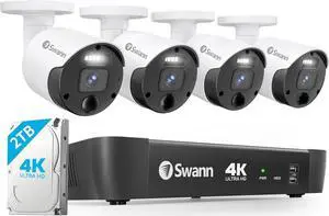 Swann 4K Master Security Camera System, 8 Channel NVR with 2TB HDD, 4X Bullet IP Cameras, Indoor/Outdoor PoE Wired, 24/7 Home Surveillance, Color Night Vision, True Detect, Sensor Spotlights,876804
