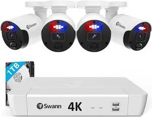 Swann Pro 4K Ultra HD, 8 Channel Security System, 1TB NVR, 4 Bullet PoE IP Cameras Outdoor, Wired Surveillance CCTV, Heat Motion Vehicle Detection, LED Light, 24/7 Recording Security Camera