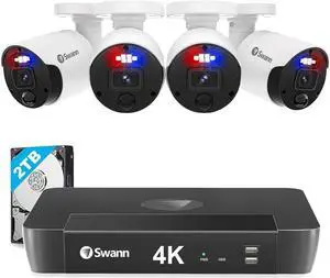 Swann 4K UHD Home Security Camera System, 8 Channel NVR with 2TB, 4 Indoor Outdoor Bullet IP Cameras, PoE Cat5e Wired, Video Analytics, 2-Way Audio