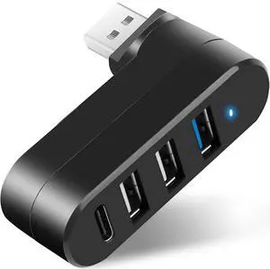 KEHIPI 4-Port USB 3.0 Hub [90°/180° Degree Rotatable], USB Splitter with 3 USB-A Ports & 1 USB C Power/Data Port, USB Extender for Laptop, Car, iMac, MacBook Air, MacBook Pro, and More