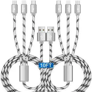 KEHIPI 10Ft Multi Charging Cable 3A 2-Pack Braided Fast Charging 3-in-1 Multiple Charger Cable with IP/Micro USB/Type C Adapter Port for Cell Phones/iPhone 16 15 14 13/ Samsung/Pixel/Tablet and More