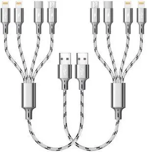 KEHIPI Multi Charging Cable 2Pack 1Ft Short Multi Charging Cord Braided 4 in 1 Multiple USB Cable Charger Cable with Lightning/Type C/Micro USB Port for Cell Phone, iPhone, Galaxy, PS, Tablets