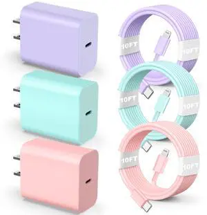 KEHIPI Compatible with iPhone 14 13 12 Charger, 20W Fast Charging Wall Charger, 10 FT USB ightning Cable,Phone Charger Cord for Phone 14/13/12/12 Pro Max/11/Xs Max/XR/X,AirPods Pro-Purple/Pink/Blue